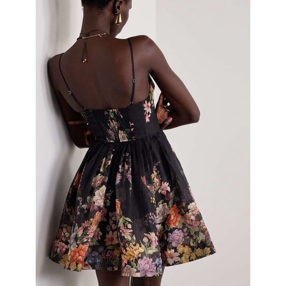 Zimmermann Pavilion V Neck Mini Dress in Black Multi Floral Linen Silk AU 1 US 6 - Picture 6 of 16